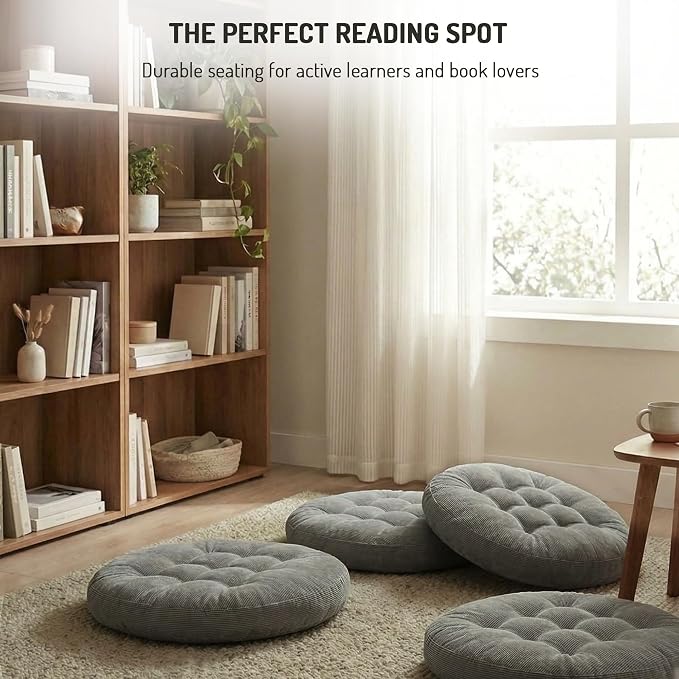 Meditation Floor Pillow Set of 2, Round Large Pillows Seating for Adults, Tufted Corduroy Cushion for Tatami Living Room, Grey, 22 Inch