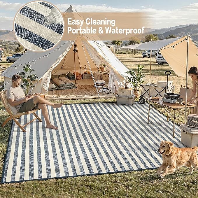 HUGEAR 9'x12' Outdoor Rug Waterproof Plastic Straw Rugs Large Blue Stripe Reversible Mat Floor Carpet for Camping RV Deck Entryance Porch Picnic Balcony Beach Backyard