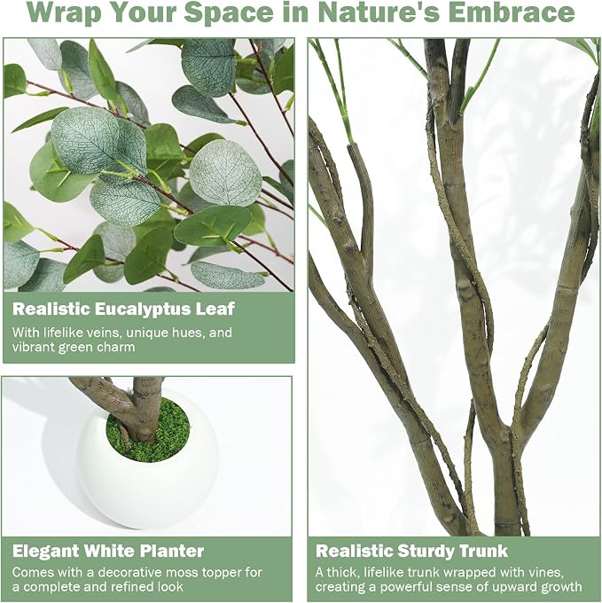 Caxchiling Artificial Eucalyptus Tree 5FT, Indoor Outdoor Faux Tree | Natural Trunk with White Planter for Home Office Living Room Front Door Decor