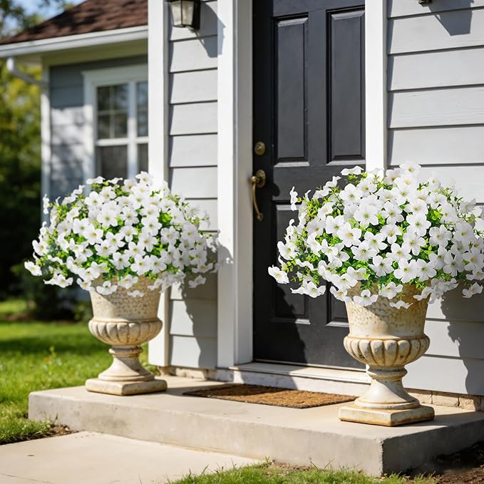 20 Bundles Artificial Petunias Flowers for Outdoors, Faux Silk Flowers UV Resistant Realistic Fake Plants for Outside Planters Porch Patio Yard Garden Spring Summer Home Decor, White
