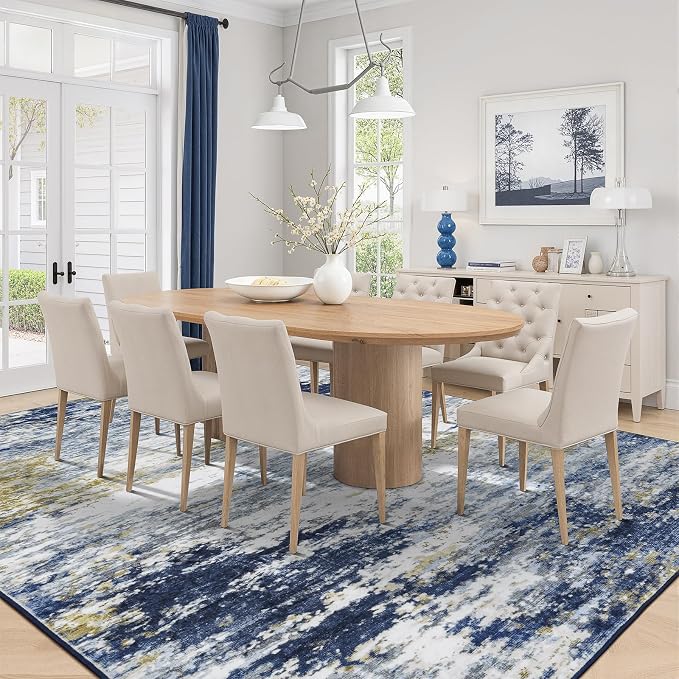 Lofus 9x12 Area Rug for Living Room,Abstract Large Rugs with Non-Slip Backing, Neutral Modern Washable Carpet for Bedroom Dining Room Home Office Nursery Indoor, Dark Blue/Brown