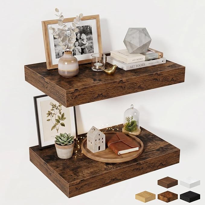 Fun Memories Wood Floating Shelves 20 Inch, 12 Inch Deep Shelves Wall Mount, Wall Shelves with Invisible Bracket, 20" Floating Shelves for Living Room Bathroom Bedroom, Rustic Brown, Set of 2