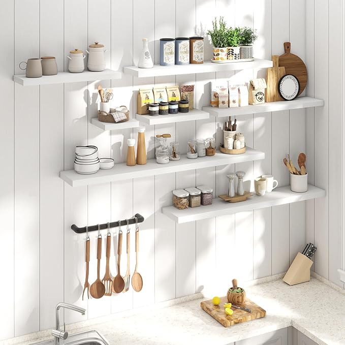 48 Inch Floating Shelves for Wall Set of 2, 8"D Wood Grain Bathroom Shelves with Invisible Brackets, Easy Install Engineered Wood Storage Shelves for Kitchen, Living Room, Bedroom, White Finish
