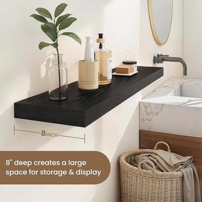 Dreamland Deep Floating Shelves, 8" Deep Long Shelves Set of 2, 40 Inches Floating Shelf for Wall,Large Display & Storage Shelf for Bathroom Bedroom Living Room Kitchen Office, Black