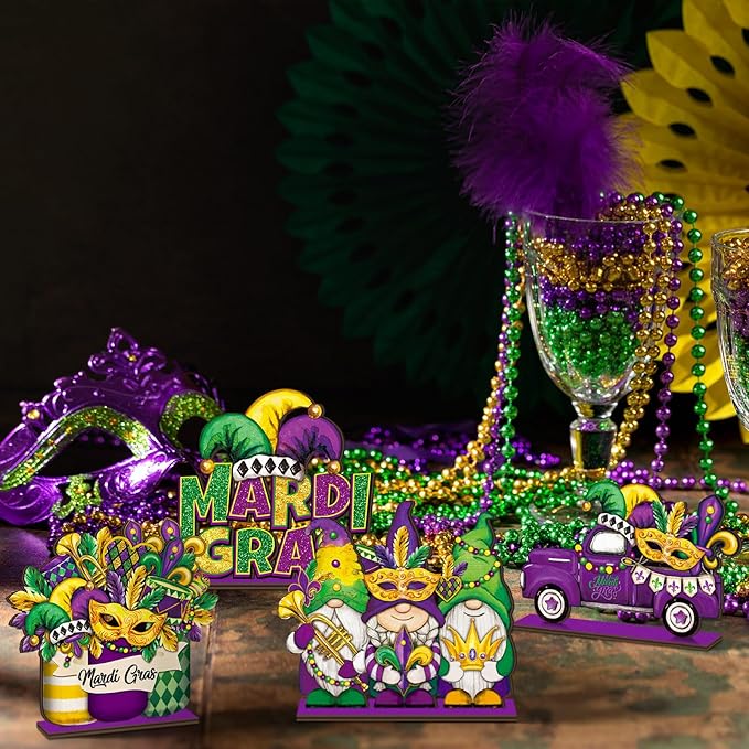 Cinnvoice 6 Pcs Mardi Gras Table Decorations Wooden Table Centerpieces Rustic Wood Tabletop Sign Decorations for Home Kitchen Office Farmhouse Desk Shelves Party Tiered Tray Decor