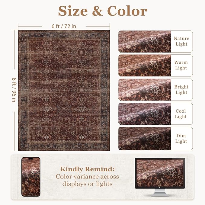 Living Room Rugs 6x8, Vintage Farmhouse Area Rugs for Bedroom Dining Room, Washable Non Slip Low Pile Thin Carpet Rug for Guest Room Home Office, Distressed Earth Tone Brick Red