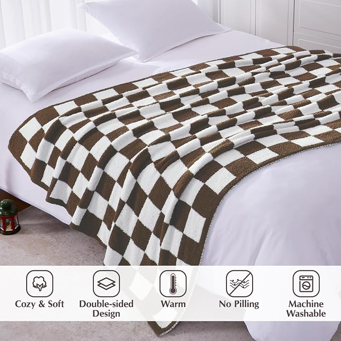 WRENSONGE Soft Twin Size Checkered Blanket for Bed-Cozy Knitted Blankets | Lightweight Fluffy Warm Decor for Women, Mom, Her & Girls, Sofa, Chair, Couch, 60x80in,Coffee