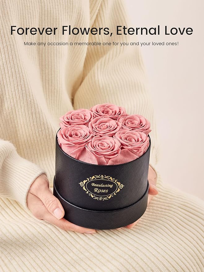 Beaulasting Long Lasting Preserved Roses in a Box Last a Year Forever Flowers for Her Mom Wife Anniversary Birthday (Round Black Box, Dusty Pink)