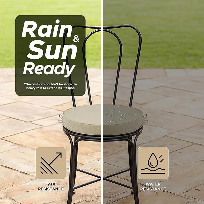 Outdoor Round Chair Cushions 18 Inch, Fade-Resistant & Water-Resistant, Bistro Chair Seat Pads for Porch Garden Balcony Patio Furniture Stools, Non-Slip Bottom, Set of 2, Beige