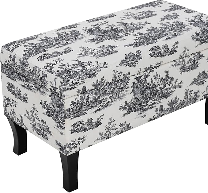 Linon Stephanie Black and White Toile Fully Upholstered Bench with Hidden Interior Storage