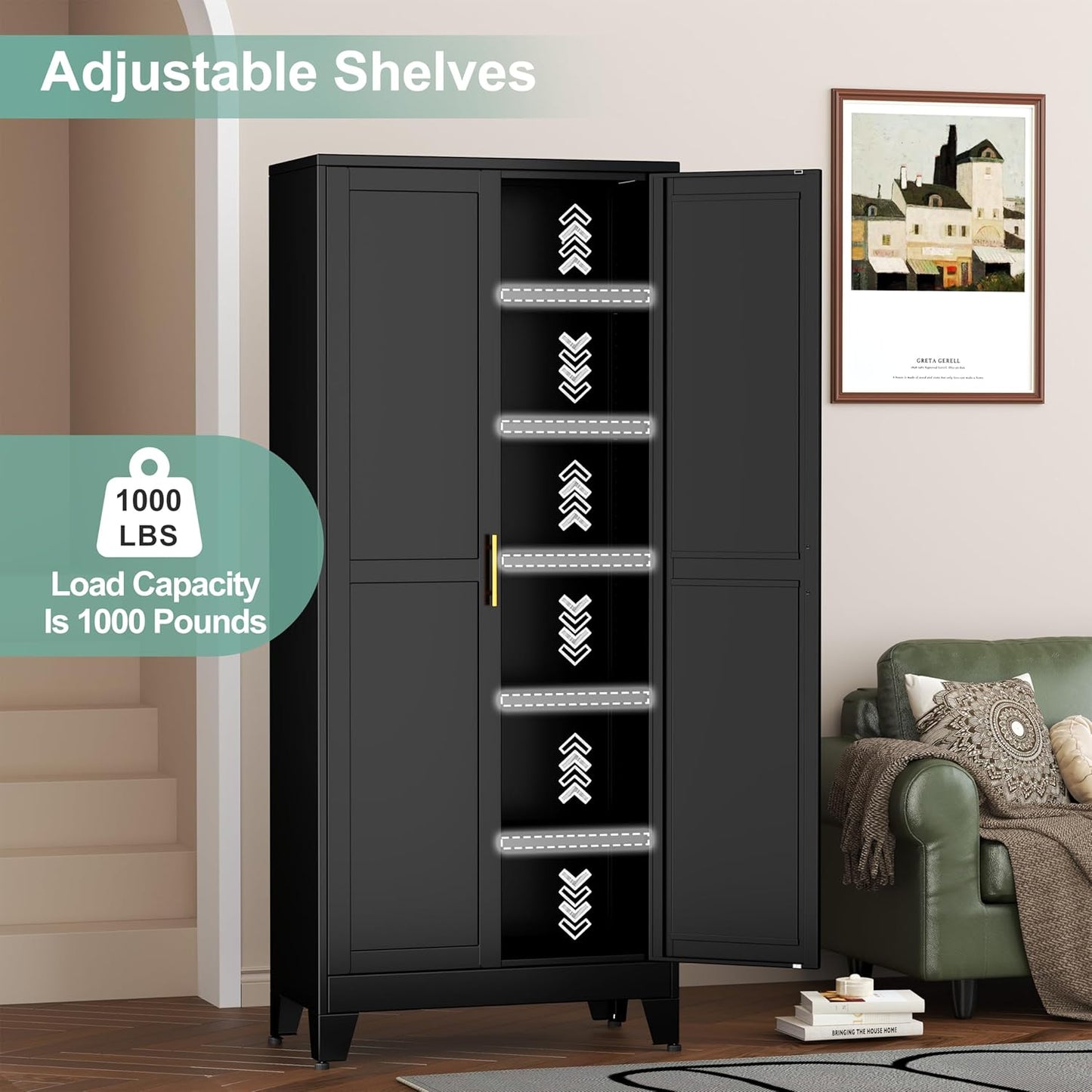 Metal Pantry Cabinet with 2 Doors and 5 Adjustable Shelves, 75" Kitchen Storage cabinets with Gold Handles, Versatile Storage for Laundry Room, Living Room, Bathroom, Dinning Room, Utility Room-Black