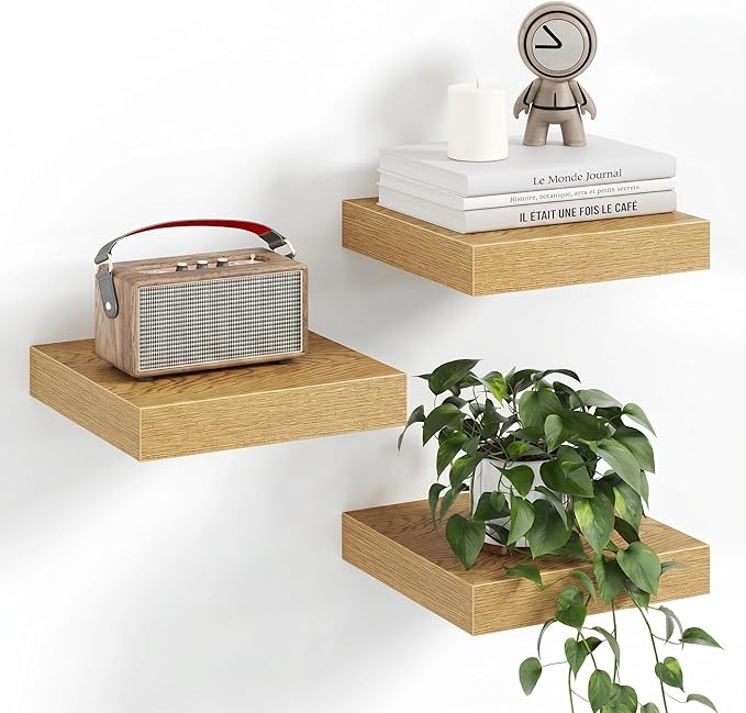 Fun Memories Small Floating Shelves for Wall - 8 Inch Square Wall Shelves with Invisible Brackets, Oak Shelves for Bathroom, Living Room, Bedroom, and Kitchen Decor, Set of 3