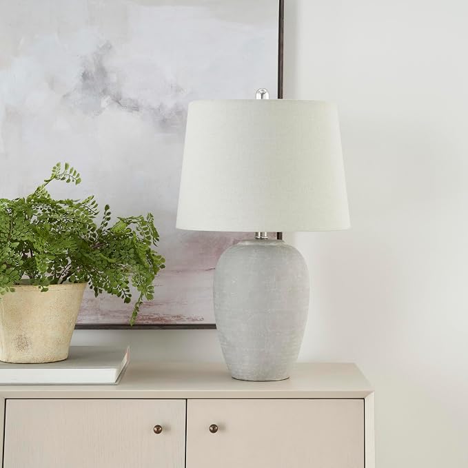 Nourison Home 23" Vintage Gray Ceramic Table Lamp with Light Gray Linen Shade, Traditional Bedside Accent Lamp, Nightstand Lamp for Bedroom, Living Room
