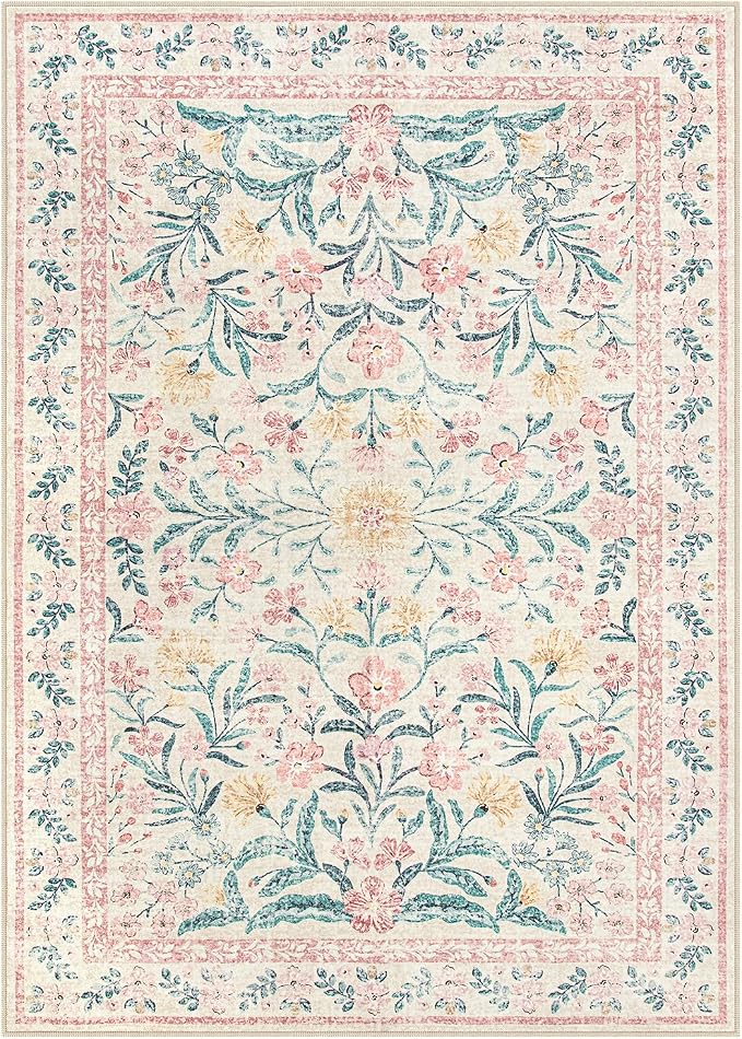Wonnitar Pink Rugs for Nursery, 5x7 Washable Rug for Bedroom Girls, Boho Soft Floral Carpet Non Slip, Indoor Ultra-Thin Floor Carpet for Baby Kids Room Living Room Dorm Decor