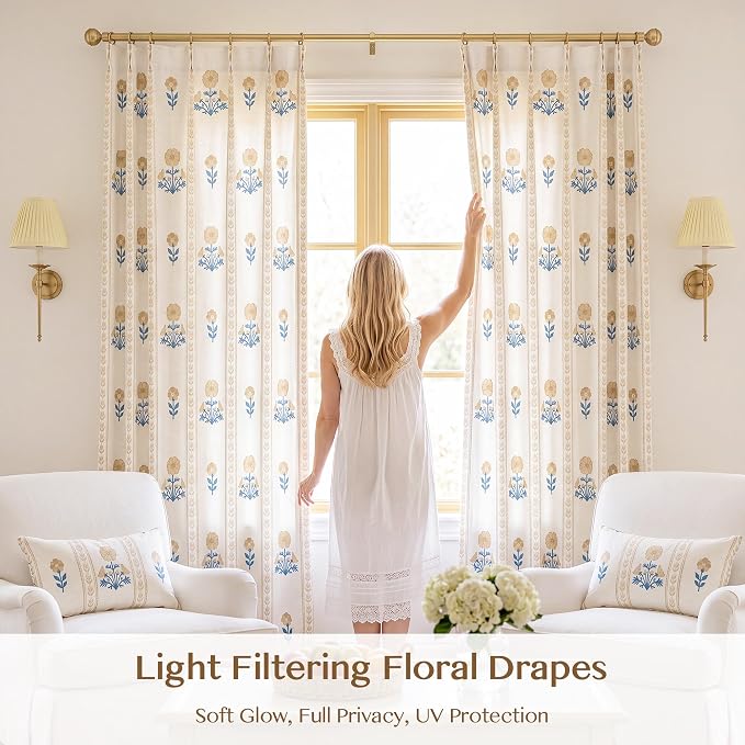 THREE GIRLS Pinch Pleated Light Filtering Linen Blend Floral Block Print Curtains for Living Room, Bedroom, Farmhouse, Memory Trained, Hooks, 2 Panels Set, 40"x102", Yellow
