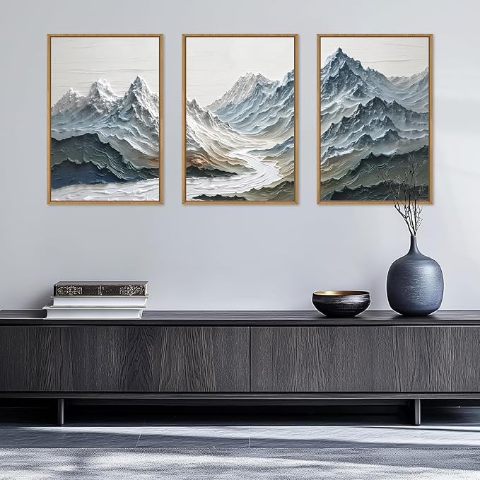 DRACIT Large Snow Mountain River Framed Canvas Wall Art Set,Modern Abstract Nature Landscape Wall Decor,Neutral Blue and White Ridge Scenery Artwork for Living Room,Bedroom,Office-16 x24 x3