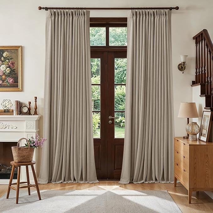 Dark Flax Linen Pinch Pleated Curtains 105 Inches Long for Bedroom Light Taupe 100% Black Out Floor to Ceiling Sound Dampening Double Layer Living Room Darkeing 2 Panels Greige Windows Drapes