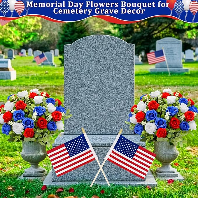 4 Bouquets Artificial Memorial Flowers, Outdoor Grave Decorations, UV Resistant Realistic Fake Silk Roses Patriotic Cemetery Flowers for 4th of July Independence Day Decor Home(Red,White,Blue)