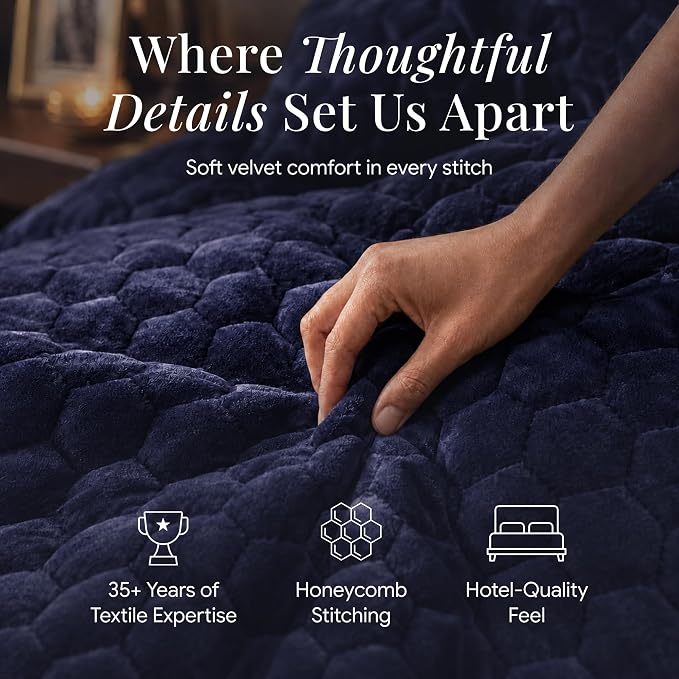 Tribeca Living Lugano Oversized Velvet Quilt Set - All Season, Extra Large, 3 Piece Queen Size Comforter Set with 2 Pillow Shams in Indigo Honeycomb Pattern 260GSM