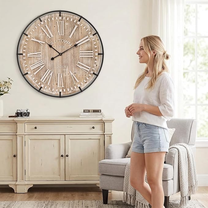 EMAX HOME 30 Inch Extra Large Wall Clock - Farmhouse Rustic Wood & Metal Design Silent Non-Ticking Battery Operated Decorative Oversized Clock for Living Room, Kitchen, Office & Bedroom