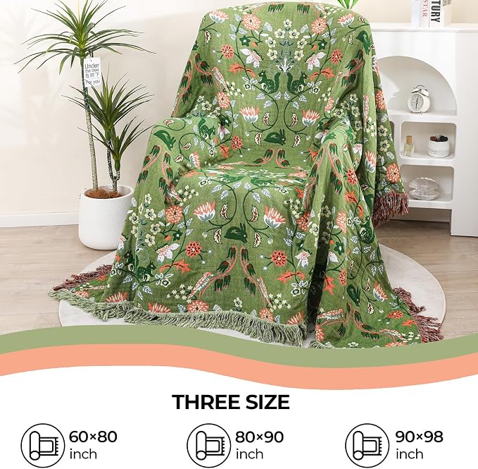 Boho Ultra Soft Throw Blanket 60''x80',100% Cotton Blankets for Couch Bed,Squirrel Farmhouse Home Decor Bed Blankets, All Season Rustic Reversible Bohemian Lightweight Throw for Bed -Light Green ﻿