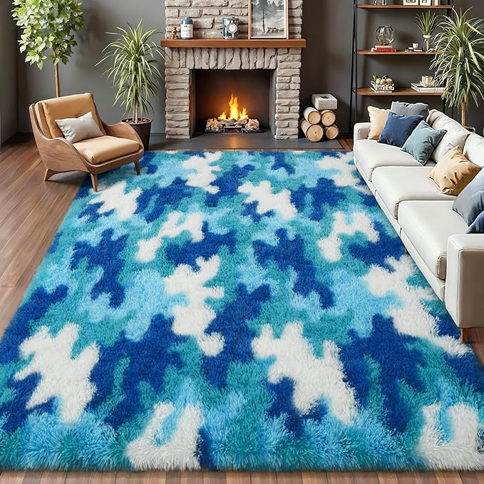 AROGAN Soft Fuzzy Kids Rugs for Girls Room Playroom 4x6 Feet, Fluffy Cute Colorful Princess Carpet for Kids Teens Nursery Toddler, Bedroom, Camouflage Blue and White