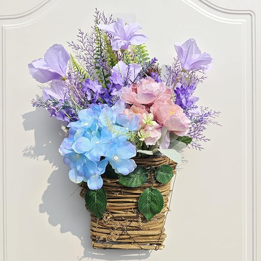 2026 Cream Hydrangea Door Hanger Basket Wreath, Spring Summer Wreaths for Front Door Wildflowers Front Door Basket Wreath Artificial Flower Hanging Basket for Home Farmhouse Seasonal Decor (D)