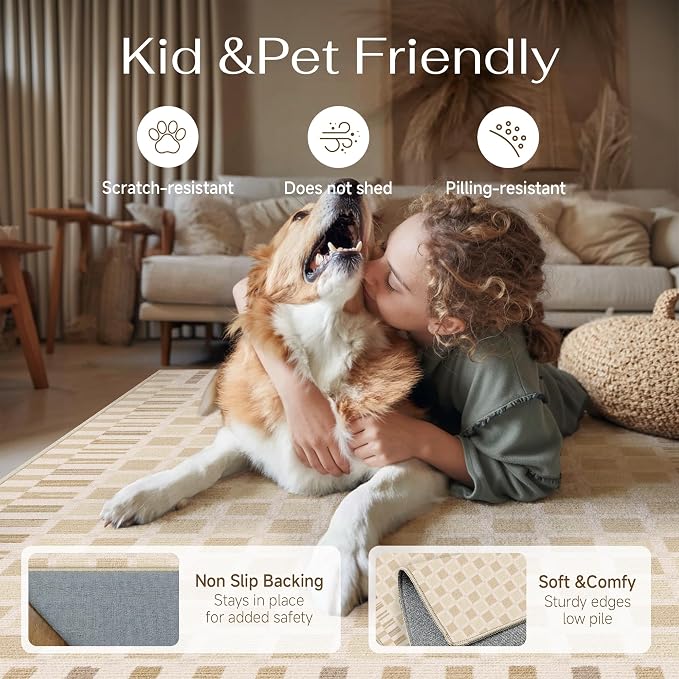 PureCozy Machine Washable Beige 5x7 Area Rugs for Living Room Modern Soft Large Checkered Rug Non-Slip Low Pile Accent Indoor Office Carpet for Bedroom Dining Room Nursery Classroom