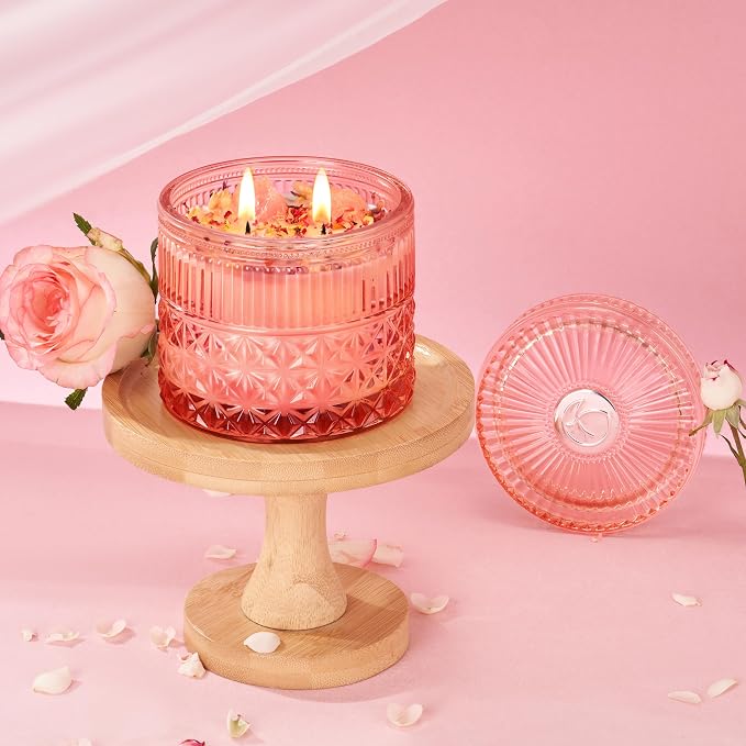 Chloefu Lan Rose Sandalwood Candle, Rose Quartz Crystals Pink Candles Gifts | 2 wick Handmade Giant Candle for Home, Romantic Elegant Candles Infused Healing Stones, Luxury Gifts for Women, 14 Oz