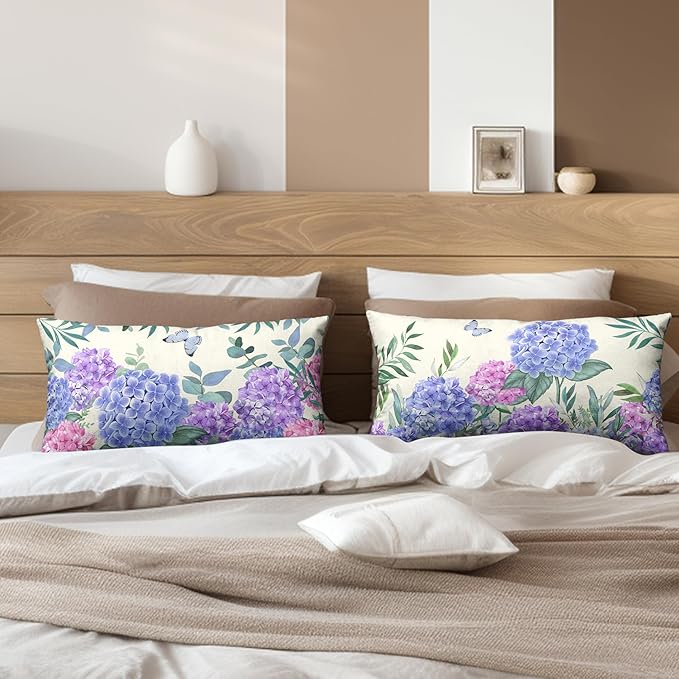 Hydrangea Lumbar Pillow Covers 12x20 Set of 2 Spring Flowers Outdoor Pillow Covers Blue Purple Hydrangea Eucalyptus Throw Pillowcase Cotton Linen Cushion Case for Sofa Outdoor Patio