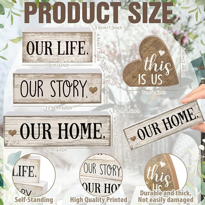 Conelist 4 Pcs Farmhouse Wooden Heart Tabletop Decor Farmhouse Tiered Tray Decor This is Us Centerpiece Decorative Rustic Our Home Block Sign Gift for Home Table Kitchen Shelf Decoration