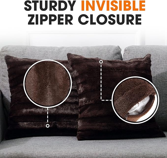 Cheer Collection Faux Fur Throw Pillows - Decorative Pillows for Couch, Bed Throw Pillows, Chocolate Accent Pillows for Bedroom or Living Room Aesthetic, Set of 2 Furry Throw Pillows, 24" x 24"