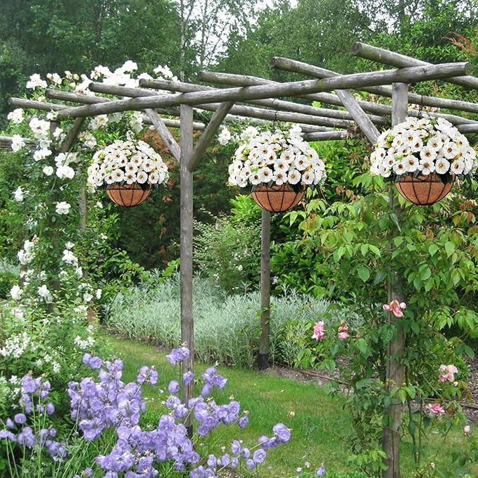 Ouddy Decor Artificial Hanging Flowers with Basket, Fake Silk Hanging Flowers in Coconut Lining Basket Faux Hanging Plants for Outdoor Indoor Spring Garden Porch Patio Balcony Home Decor, White