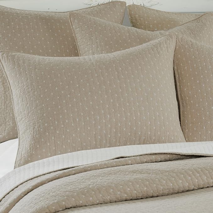 Levtex Home Cross Stitch Reversible Queen Bedspread Set (104x106in) with 2 Pillow Shams (26x20in) - Stitch Texture - Taupe - Cotton Queen Size Bedspread Set - Lightweight, Soft, Pre-Washed