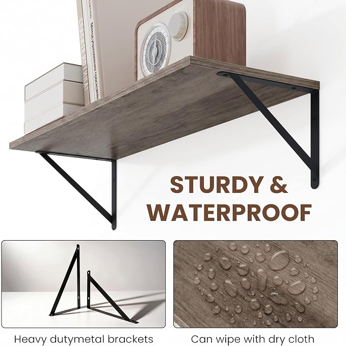 Vivelove Deep Floating Shelves for Wall, 16W x 8D Rustic Grey Wood Wall Shelves Set of 3, Large Floating Shelf for Living Room, Kitchen, Office, Bedroom and Decor Storage, with Metal Bracket - Grey