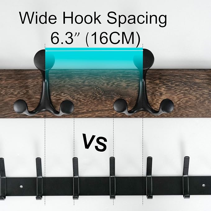WEBI Coat Rack Wall Mount,30" Solid Wood Coat Hooks Wall Mounted Coat Hanger,16" Hole to Hole,Heavy Duty Hook Rack Rail,5 Triple Hooks for Hanging Coats,Jacket,Clothes,Hat,Backpack,Weathered Brown