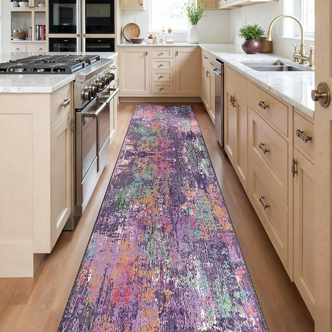 RELEANY Washable Area Rugs 2'x8' Non-Slip Modern Abstract Soft for Living Room Entryway Bedroom Nursery, Print Pattern, Purple Orange Blue Green Rust Red Colorful
