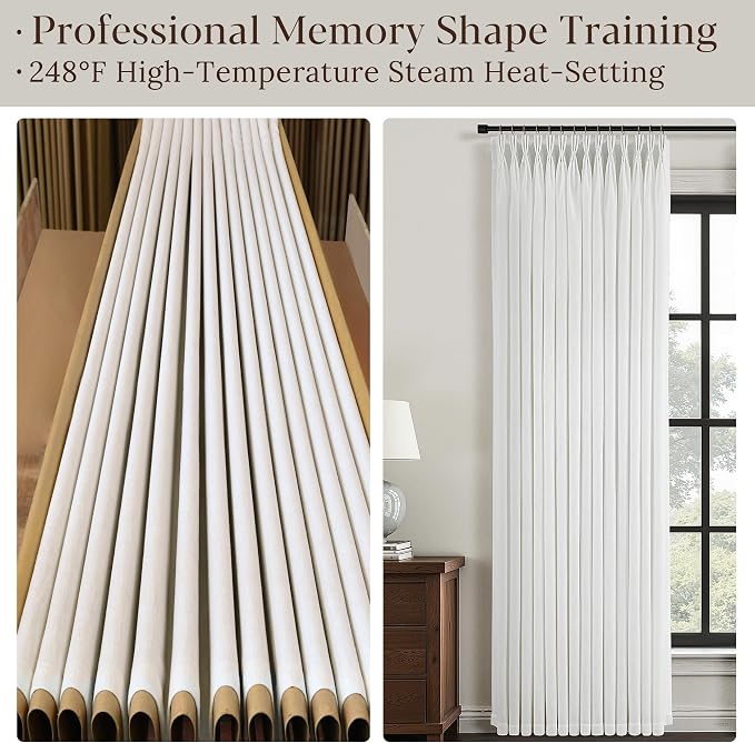 Beige White Triple Pinch Pleated Curtains 90 Inch 2 Panels for Living Room Bedroom Memory Shape Trained Pleated Linen Drapes Ivory Off White Semi Sheer Light Filtering Privacy Curtains 90 Inch Length