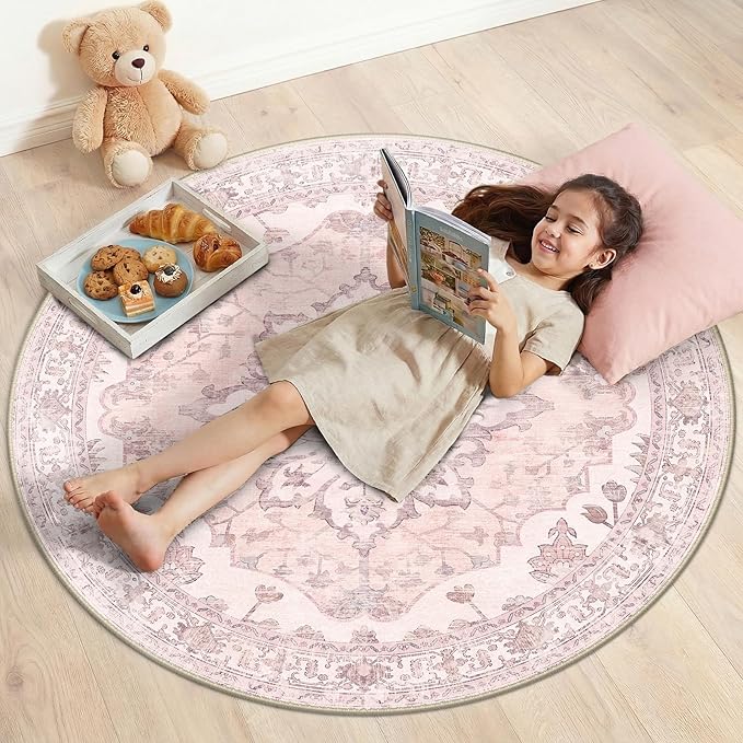RELEANY Area Rugs 4ft Washable Non-Slip, Floral Vintage Distress Print Pattern Medallion Carpet for Living Room Bedroom Dining Room, Pink Greypink Cute