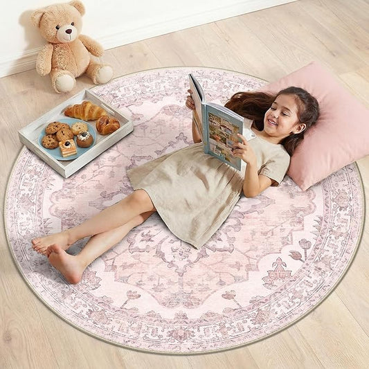 RELEANY Area Rugs 4ft Washable Non-Slip, Floral Vintage Distress Print Pattern Medallion Carpet for Living Room Bedroom Dining Room, Pink Greypink Cute