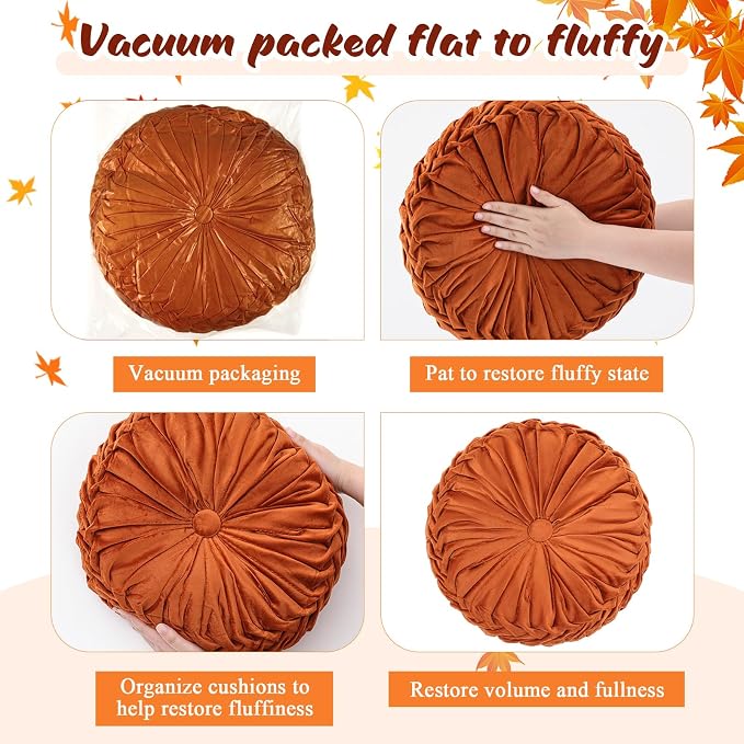 Drydiet 4 Pcs Round Throw Velvet Pillows Decorative Pleated Throw Pillows Diameter Accent Pumpkin Boho Chair Cushion for Couch Sofa Home Decoration (Fall Color,15'')