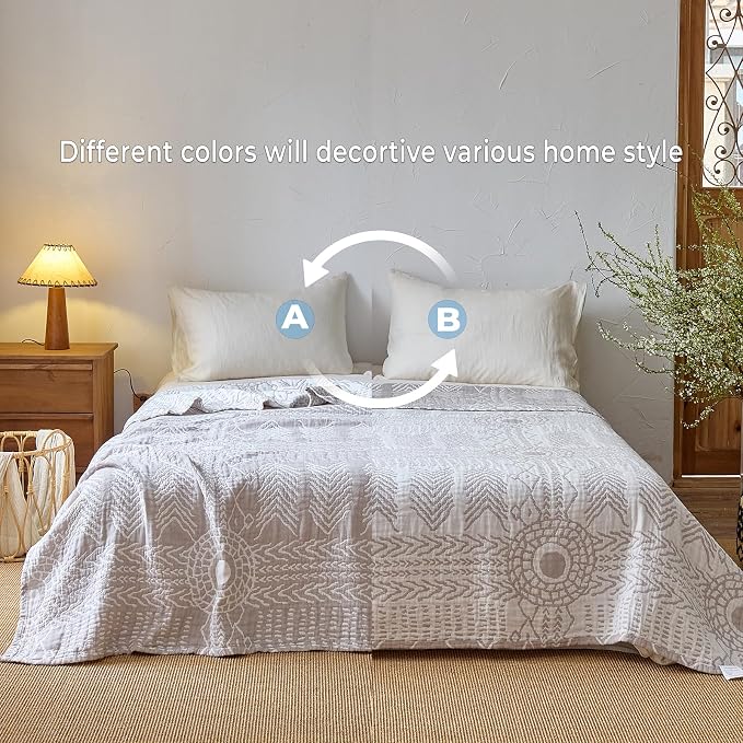 Boho Muslin Throw Blanket Twin Size 60"x80", 100% Cotton Lightweight 4-Layer Reversible Herringbone Quilt, All Season Decorative Blanket for Couch Bed Sofa Home Decor Gift - Grey/Off-White