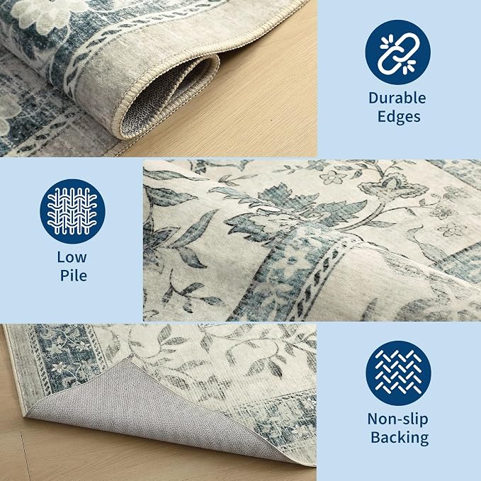 GarveeHome Vintage Blue Washable 3x5 Rug Cottage Core Retro Farmhouse Low-Pile Stain Resistant Non-Slip Rugs for Bedroom Living Room Entryway Nursery Kitchen TPE Backing