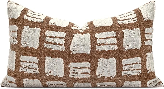 Decorative Boho Body Pillow Cover 14x24, Brown White Abstract Grid Lumbar Pillow Covers, Farmhouse Pillows Cushion Cover for Bed Sofa Bedroom Living Room