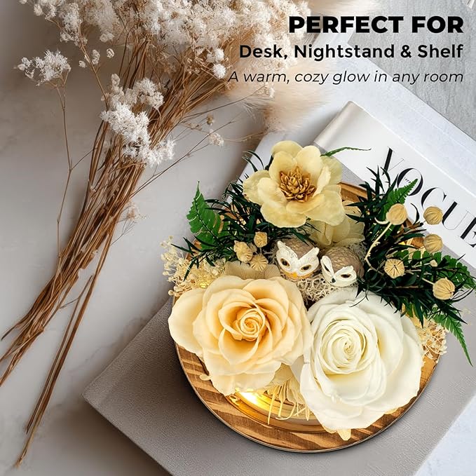 Preserved Flowers Roses Gift for Mom, Wife, Grandma - Forever Real Roses with Owl Decor - Unique Birthday, Mothers Day Gifts for Women - Flower for Delivery