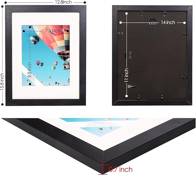 The Display Guys - Black Wooden Minimalist Picture Frames Set - Tempered Glass - 11x14 matted to 8x10 - Wall Hanging - 4-Pack