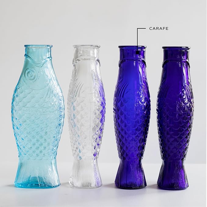 Serax Glass Water Pitcher | Fish & Fish glassware by Paola Navone | Wine Carafe Decanter 28.74 fl oz | Clear Dark Blue Bottle Container, hot & cold Drinks | Fridge Beverage Dispenser, Suitable as Vase