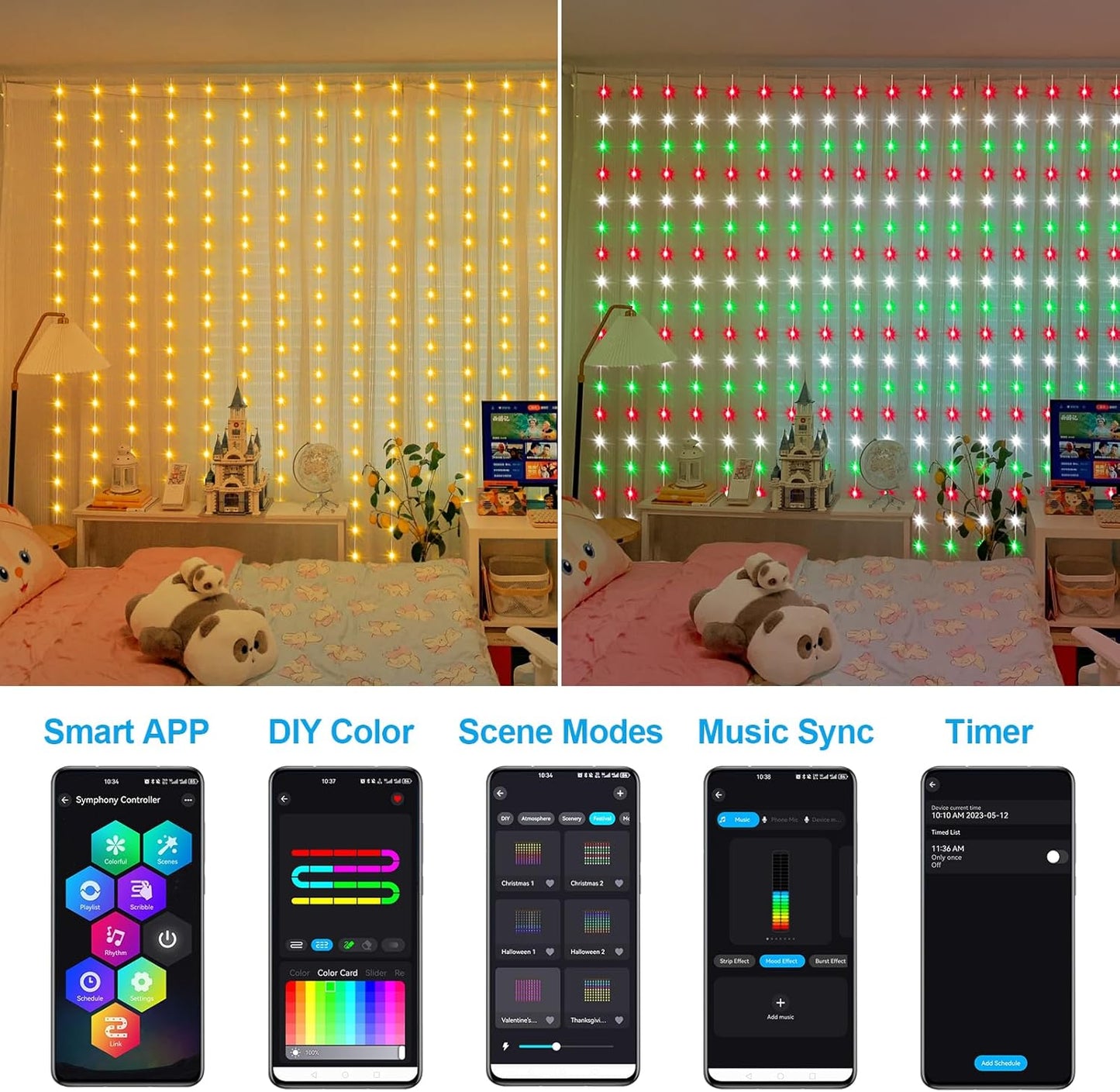 ZAIYW WiFi Smart RGB Color Changing Curtain Lights - 600 LED, Compatible with Alexa, App Control, Music Sync, Plug in for Christmas Wedding Outdoor Decor