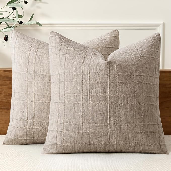 MIULEE Decorative Linen Check Throw Pillow Covers Neutral Farmhouse Vintage Pillow Covers 20x20 Set of 2 Boho Modern Home Decor for Sofa Couch Bedroom Cushion Natural Linen