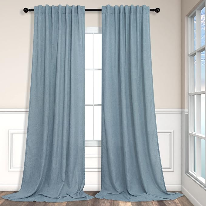 Pitalk Light Blue Wide Curtains for Windows Extra Width 60x90 Inch Long Back Tab Pole Pocket Semi Sheer Light Filter Linen Curtain Blinds for Bedroom Living Room 5 x 7.5 FT 5x7.5 Stone Blue Grey Gray